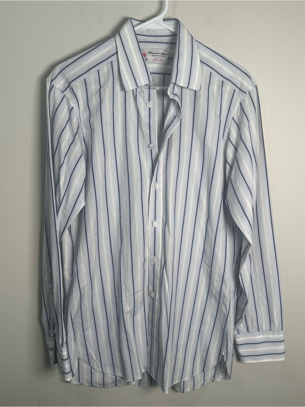 Turnbull Asser London England White Blue Striped dress shirt 15.5 39 Cotton